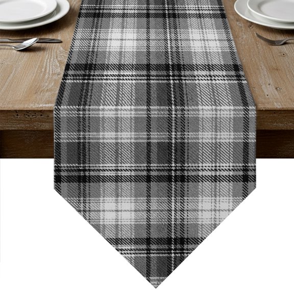 Gray Black Buffalo Plaid Table Runner Linen Burlap Table Runner 48 Inches Long White Farmhouse Modern Striped Dresser Scarves for Kitchen Island Coffee Dining Room Party Wedding Holiday Decor 13"x48"