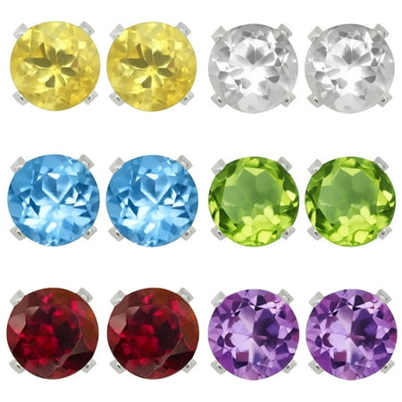 Sterling Silver 4mm Amethyst Topaz Garnet Citrine Peridot Stud Earrings Set of 6