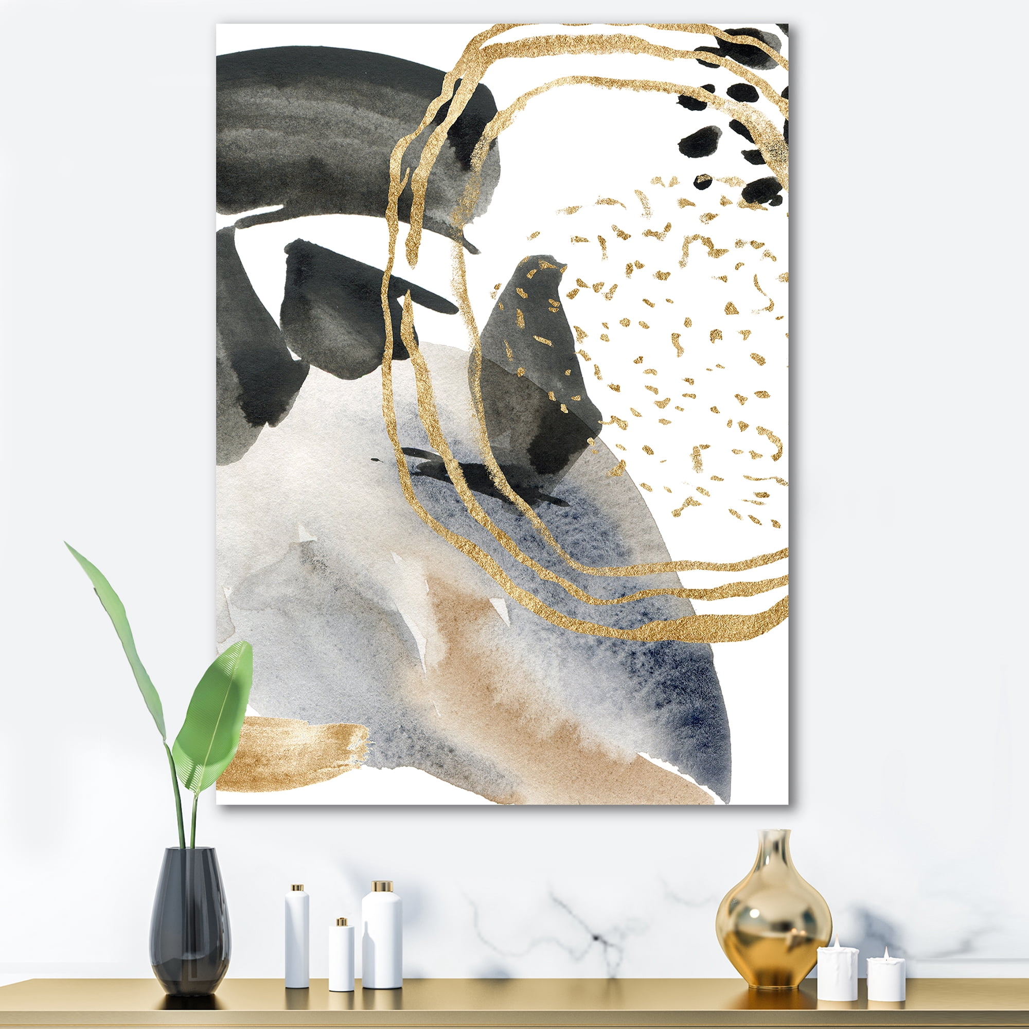 Pastel Abstract With Black Blue Beige and Gold Spots 12 in x 8 in Painting Canvas Art Print, by Designart