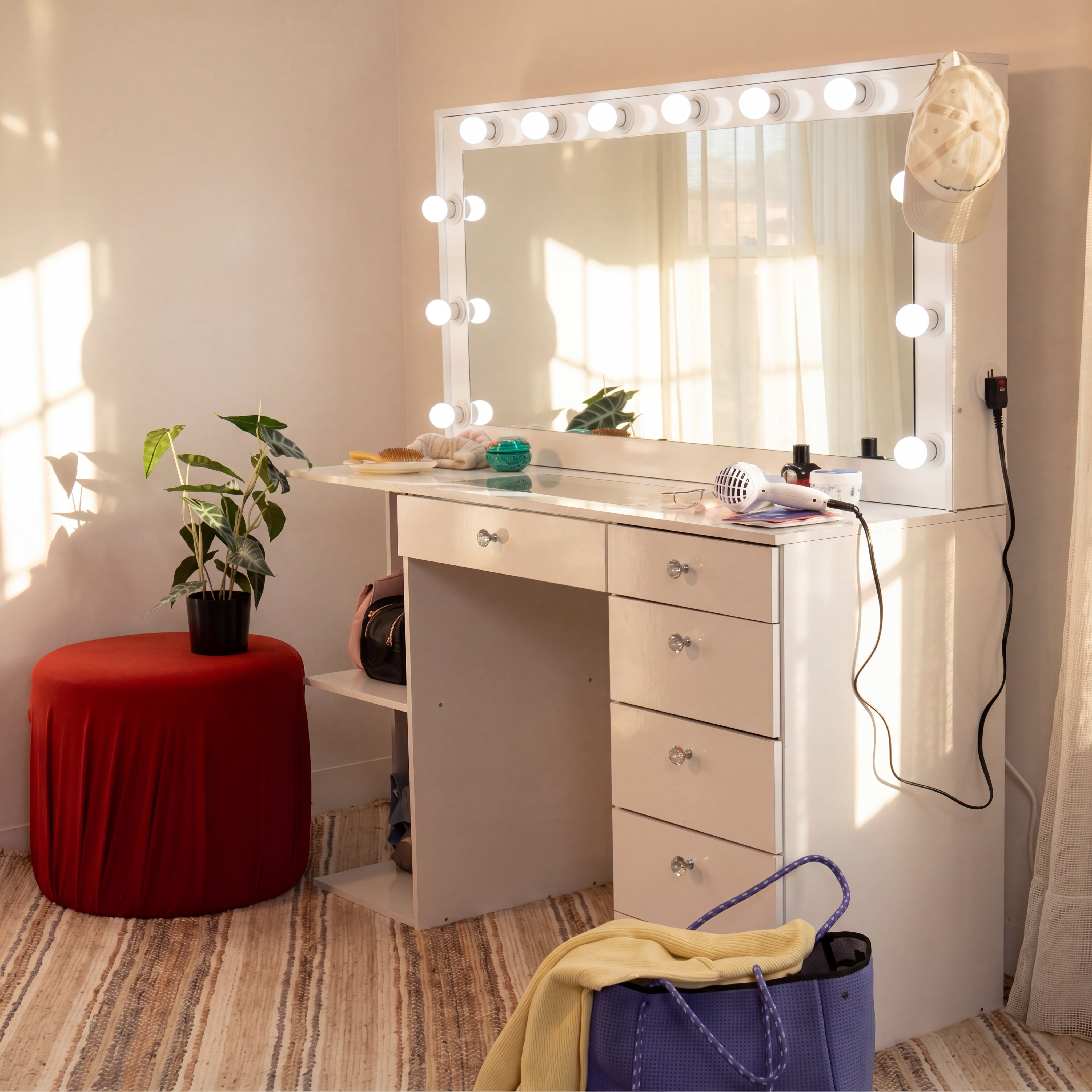 Boahaus Verona Large Vanity Desk with Mirror and Lights – 6 Drawer Makeup Vanity Table with 2 Open Shelves and Built-in Power Outlet
