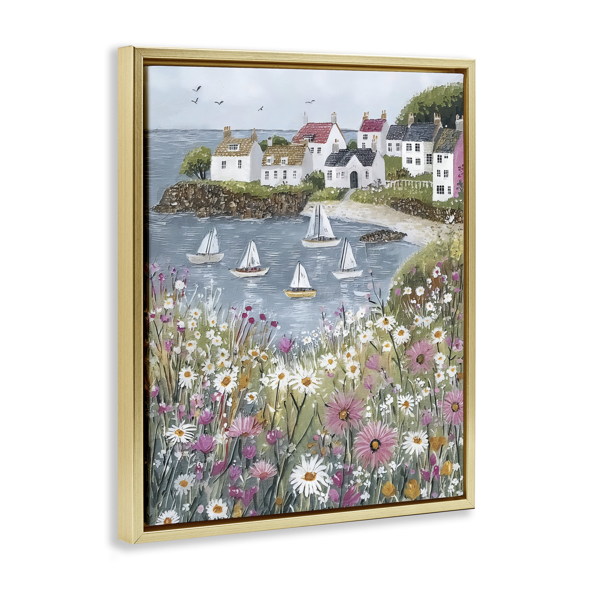 Stupell Industries Seaside Sailboats in Village Bay Gold Framed Floater Canvas Wall Art, design by Riley B