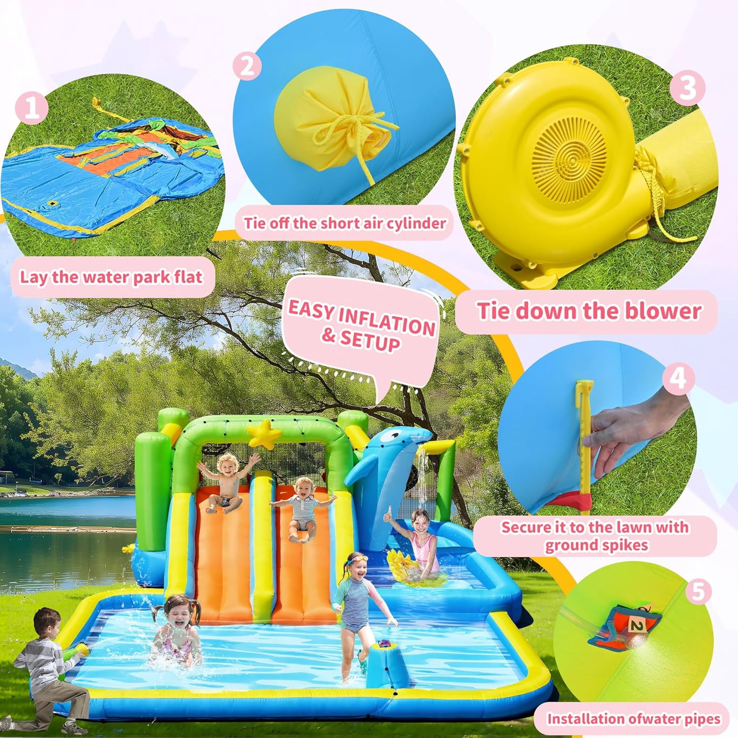 Acpouw 9 in 1 Inflatable Water Slide for 3-12 Years, Bounce House with Blower Shower Soak, Pool, Sprinkler Fountain, Water Gun Target for Kids , Indoor/Outdoor Kids Bouncy Castle with Blower