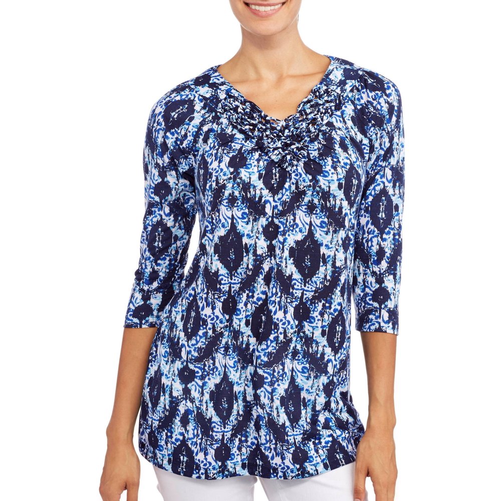 White Stag Women's 3/4 Sleeve Macrame Print VNeck Top