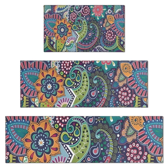 Blue Pioneer Flower and Paisley Pattern Kitchen Rugs Sets Of 3,Kitchen Runner Rugs Non Skid Washable,Decorative Kitchen Floor Mats for Kitchen,Sink,Laundry,17"x30" 17"x47" 17"x59"