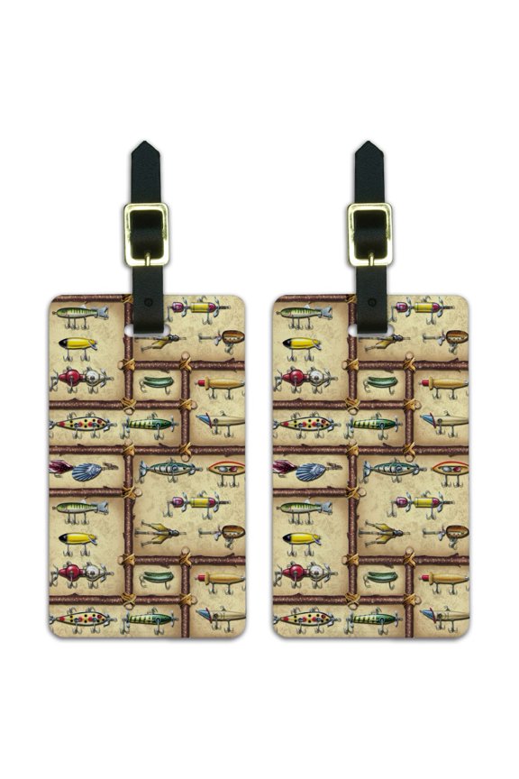 Antique Lures Fish Fishing Stream Fly Luggage ID Tags Suitcase Carry-On Cards - Set of 2