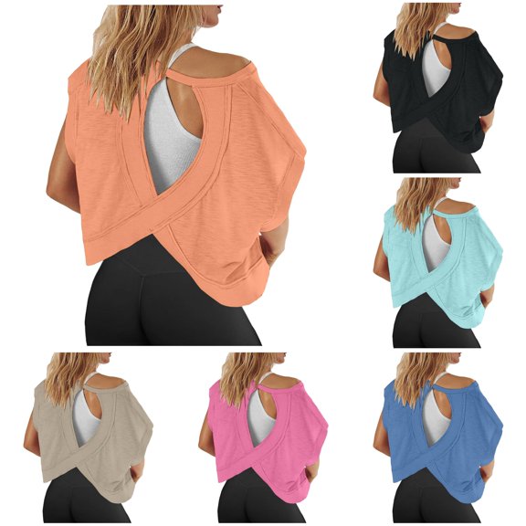 HNMKIU Women Short Sleeve Workout Shirts Open Back Tops Casual Yoga Athletic Gym Slouchy Crop Running Tees