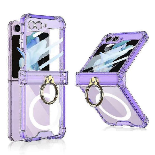 Funda Z Flip 5, funda transparente Magsafe compatible con Samsung Galaxy Z Flip 5 con protección de bisagra con soporte de anillo, color morado