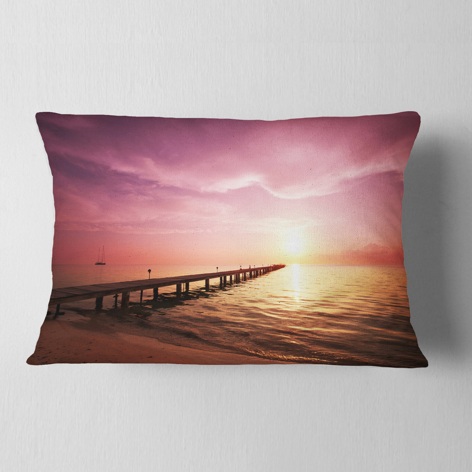 Designart Long Boardwalk into Sunset Sea - Bridge Throw Pillow - 12x20