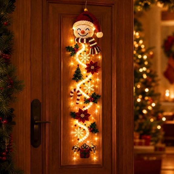 Snowman Glowing Christmas Door Hanger, Warm Lighted Vertical Fabric Holiday Hanging Decor with LED Lights for Front Door, Porch, Entryway and Wall, 47.24 Inch