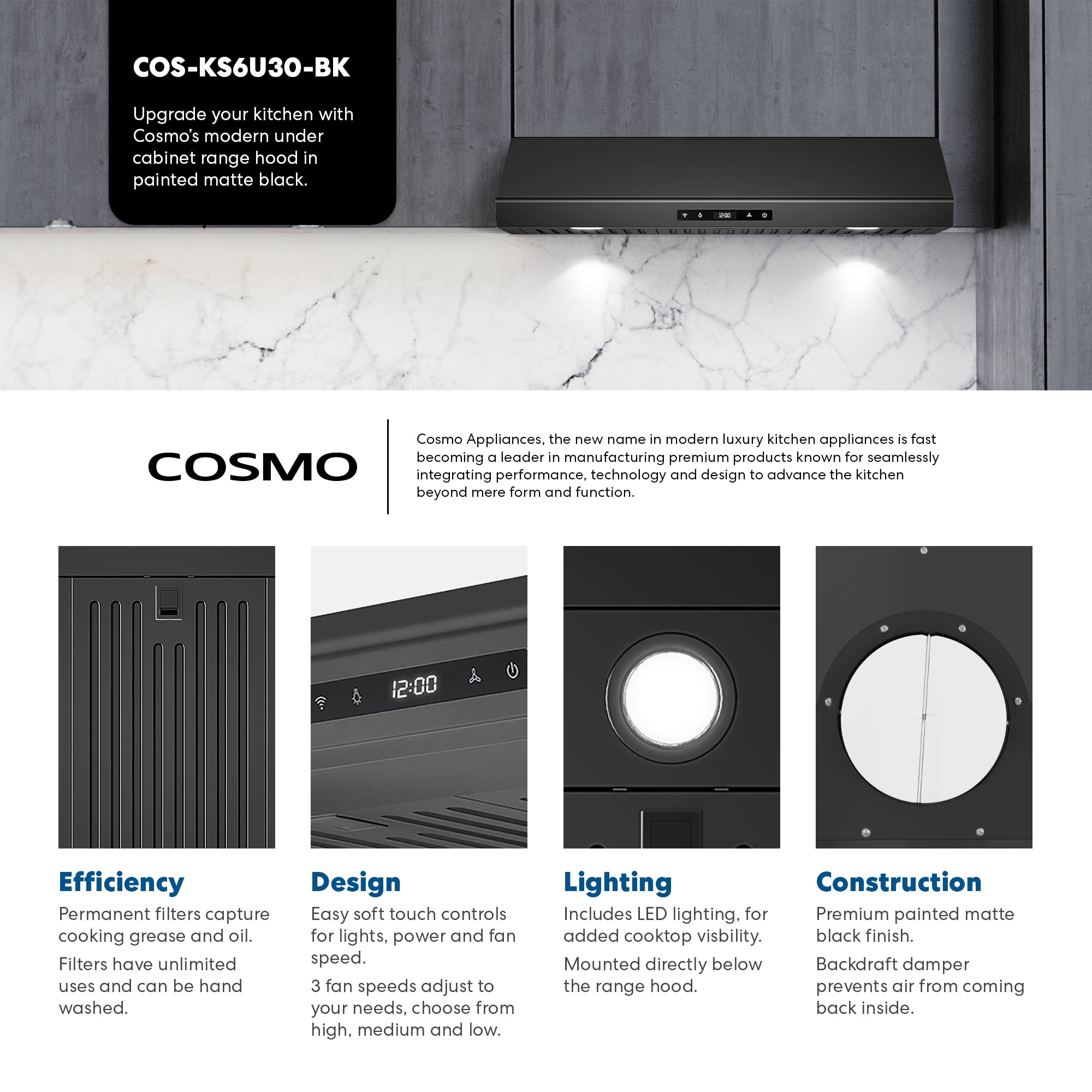30 in. Haven Collection Ducted Under Cabinet Range Hood, Touch Controls, LED Lights in Matte Black