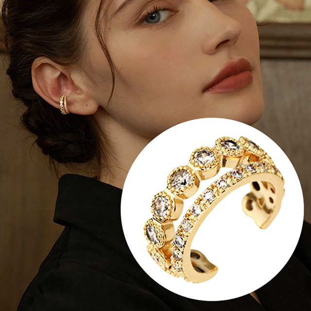 WNG Double Ear Clip Zirconia Sparkling Round Huggie Ear Gold Earrings for Women Clip on