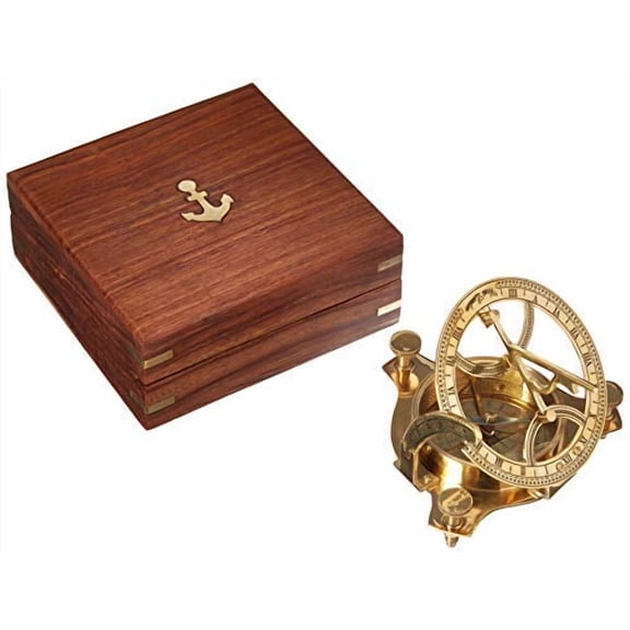 Solid Brass 3" Sundial Compass - W/Inlaid Hardwood Box