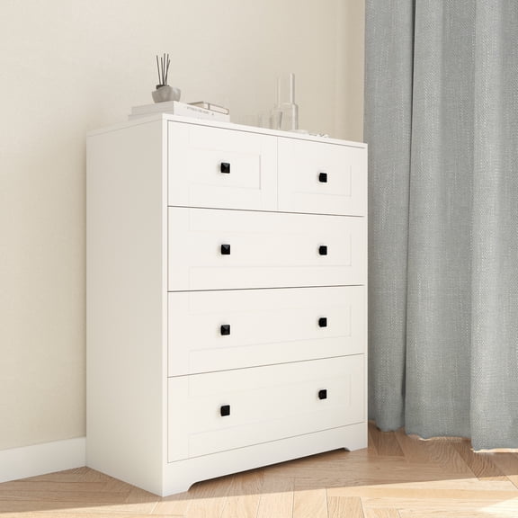 OUFAN Dresser for Bedroom with 5 Drawers, 31.1'' W Wood Rustic Chest of Drawers, Large Capacity Clothing Storage Cabinet for Bedroom, Living Room, White