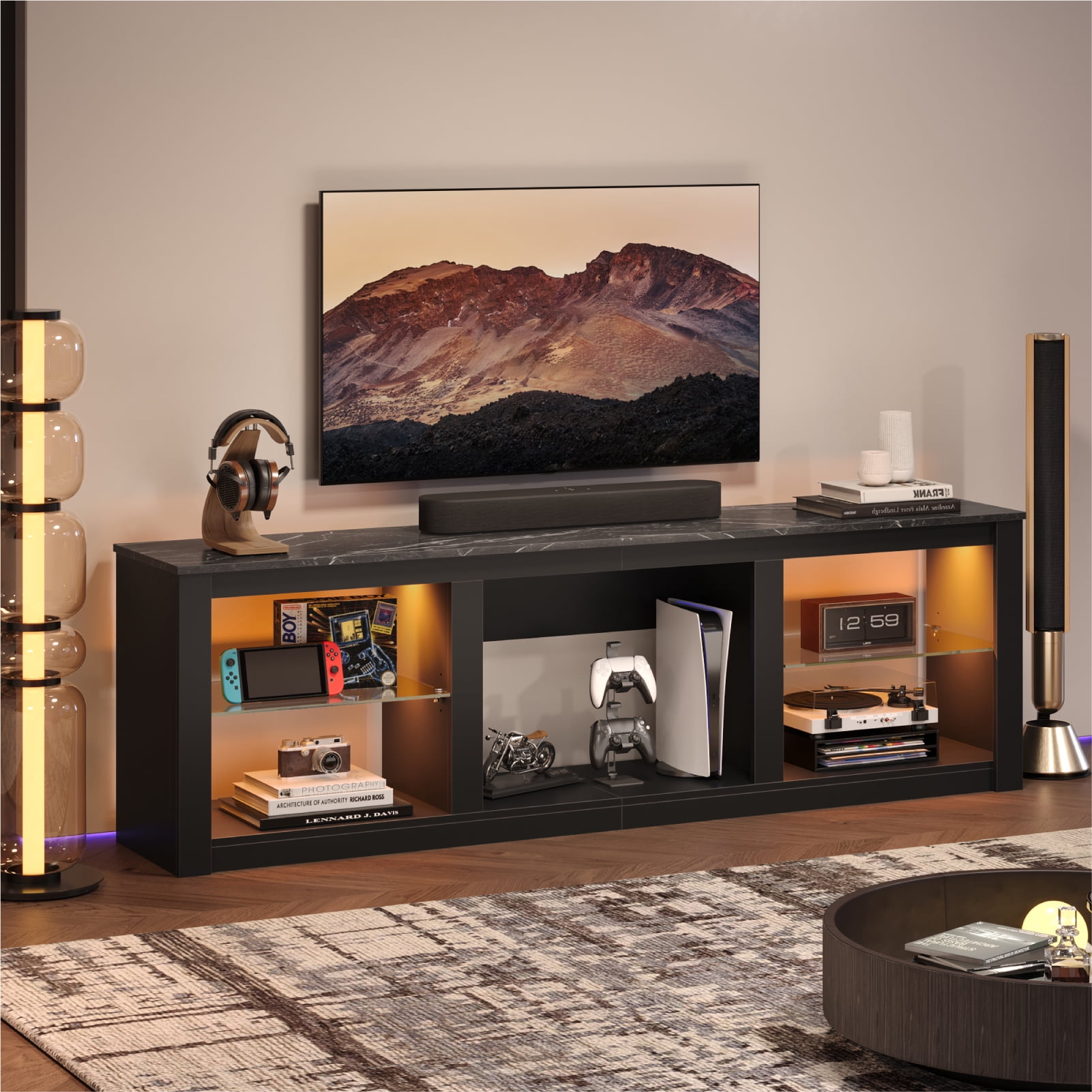 Bestier LED TV Stand for TVs up to 75'', Modern Entertainment Center with Remote Controlled RGB Lights, Adjustable Glass Shelves & Open Storage, Media Console for Living Room, Black