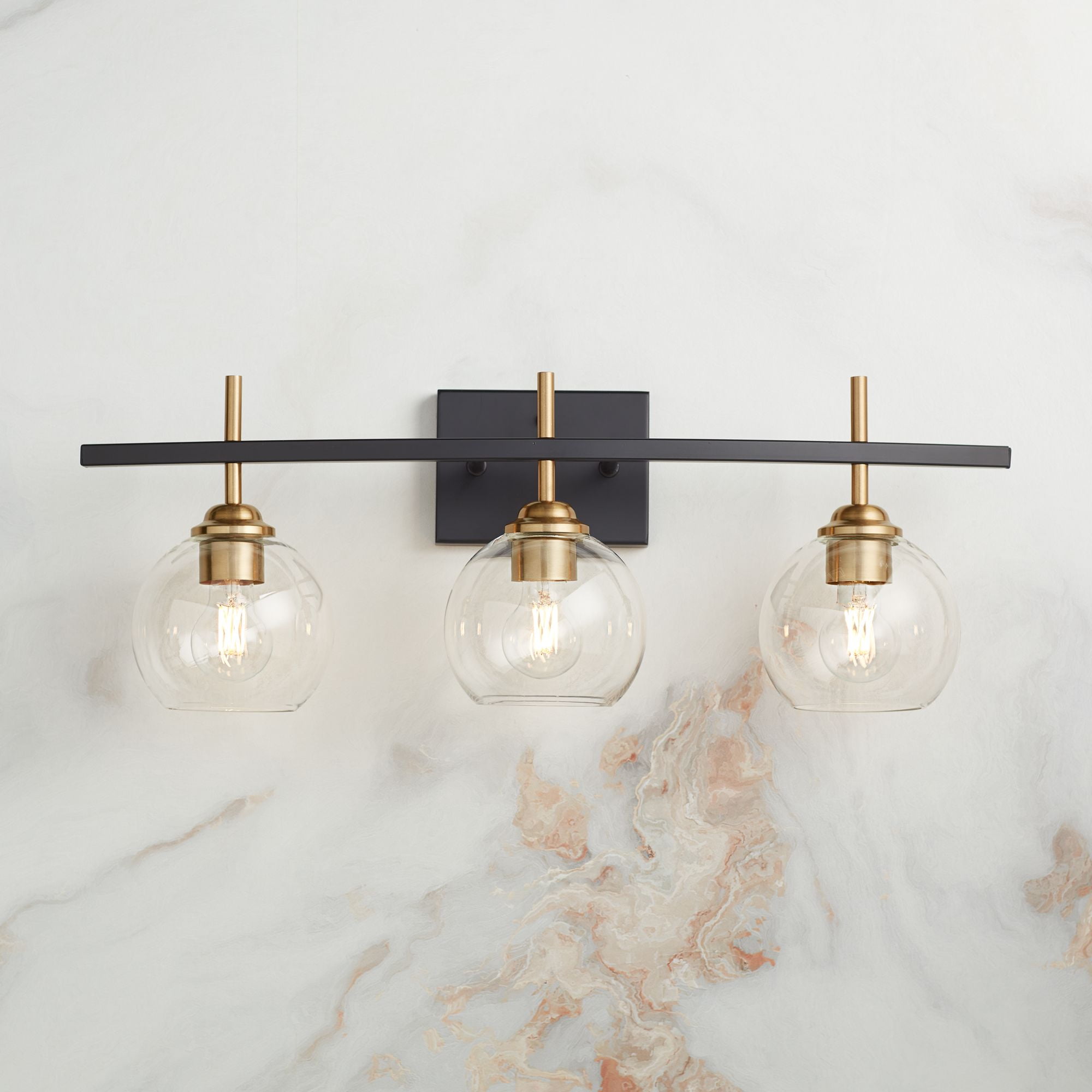 360 Lighting Modern Wall Light Sconce Black Gold Hardwire 27" 3-Light Fixture Clear Glass Globe for Bedroom Bathroom Vanity Home