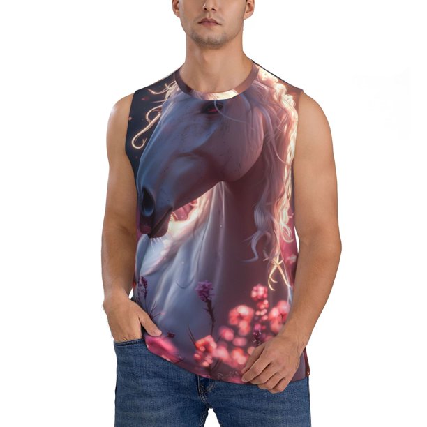 Balery Flower White Horse Camisetas sin mangas para hombre, absorbe la humedad y protege contra el mal olor.-Large