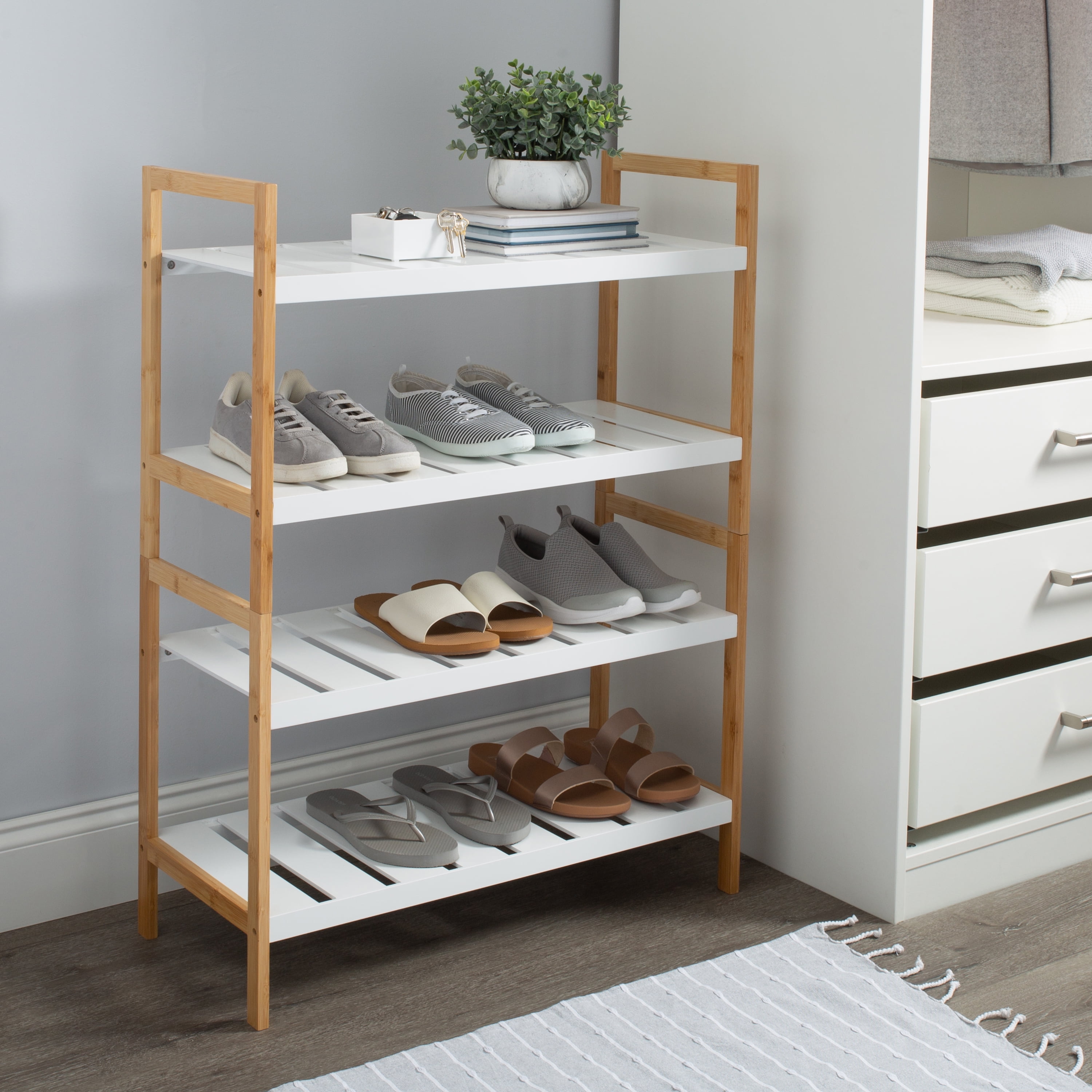 Organize It All 2 Pack Sonora Bamboo 4 Tier Stackable 12 Pair Shoe Rack in White