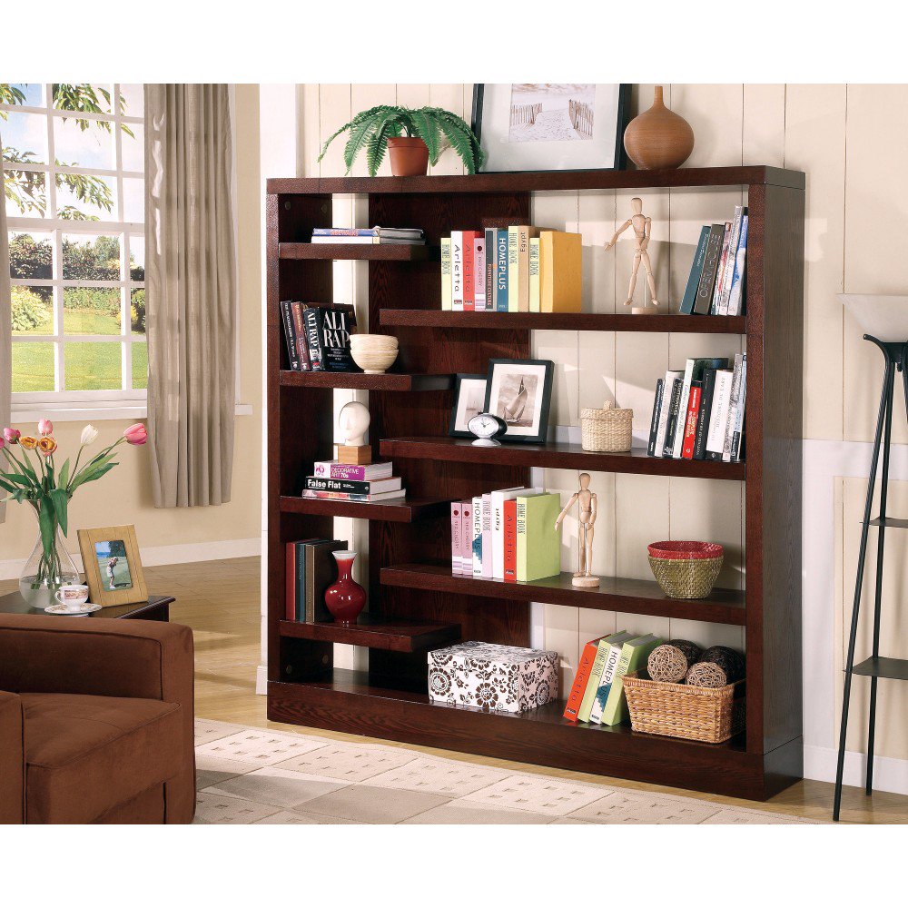 Fashionable Asymmetrical Wooden Bookcase, Brown