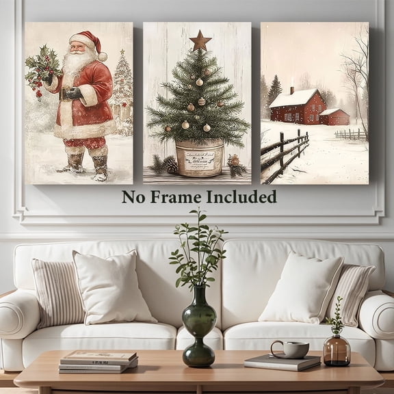 3pcs Eclectic Style Christmas Canvas Wall Art Set, Unframed Oblong Santa Claus & Tree Country Farmhouse Prints for Living Room Bedroom Decor