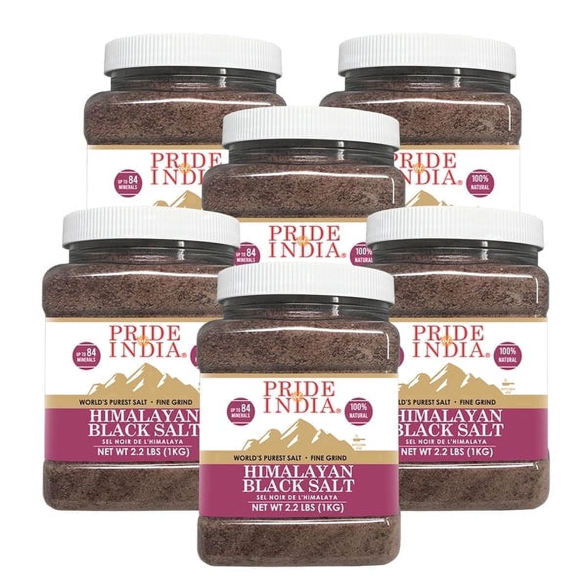 Pride of India - PACK of 6 - Himalayan Black Salt Fine, Kala Namak, 2.2 lbs, Natural Faux Egg Flavor, Ideal for Vegan Cooking, Gluten-Free