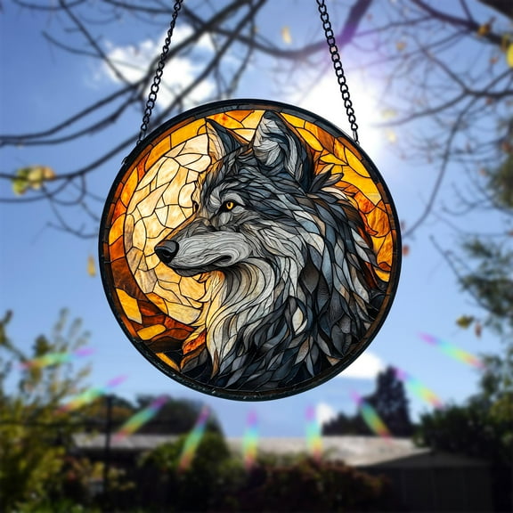 Wolf Stained Glass Suncatcher Window Hanging, Wildlife Animal Lover Gift, Rustic Home Decor