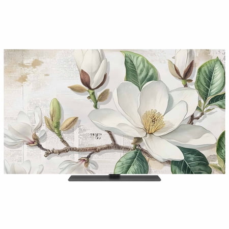 TV Cover Indoor, Flowers Leaves Stretch TV Dust Cover Television Screen Protector, Farmhouse White Botanical Magnolia Retro Elastic Polyester Display Covers, Monitor Slipcover for LED LCD TVs 55 Inch