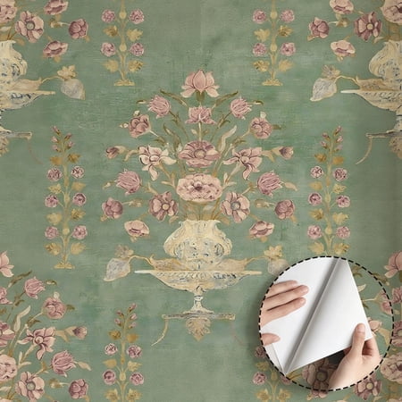 Vintage Floral Vase Wallpaper, Rustic Boho Peel and Stick Wallpaper, Waterproof Wall Decoration for Living Room, Bedroom, Kitchen Cabinet, Drawer, Rental Property, 17.7 * 118 in