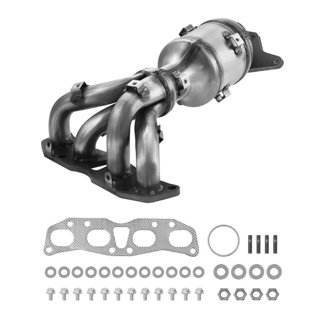 VEVOR catalytic converter compatible with Nissan Altima 2007-2013 2.5L, front 674-933. The image shows a silver T409 stainless steel catalytic converter with a honeycomb ceramic carrier and 400 chambers for efficient exhaust purification. Includes installation accessories such as gaskets, nuts, and screws. Designed for direct replacement with bolt-on and flange-to-flange compatibility. Not CARB compliant, suitable for OBD III standards.