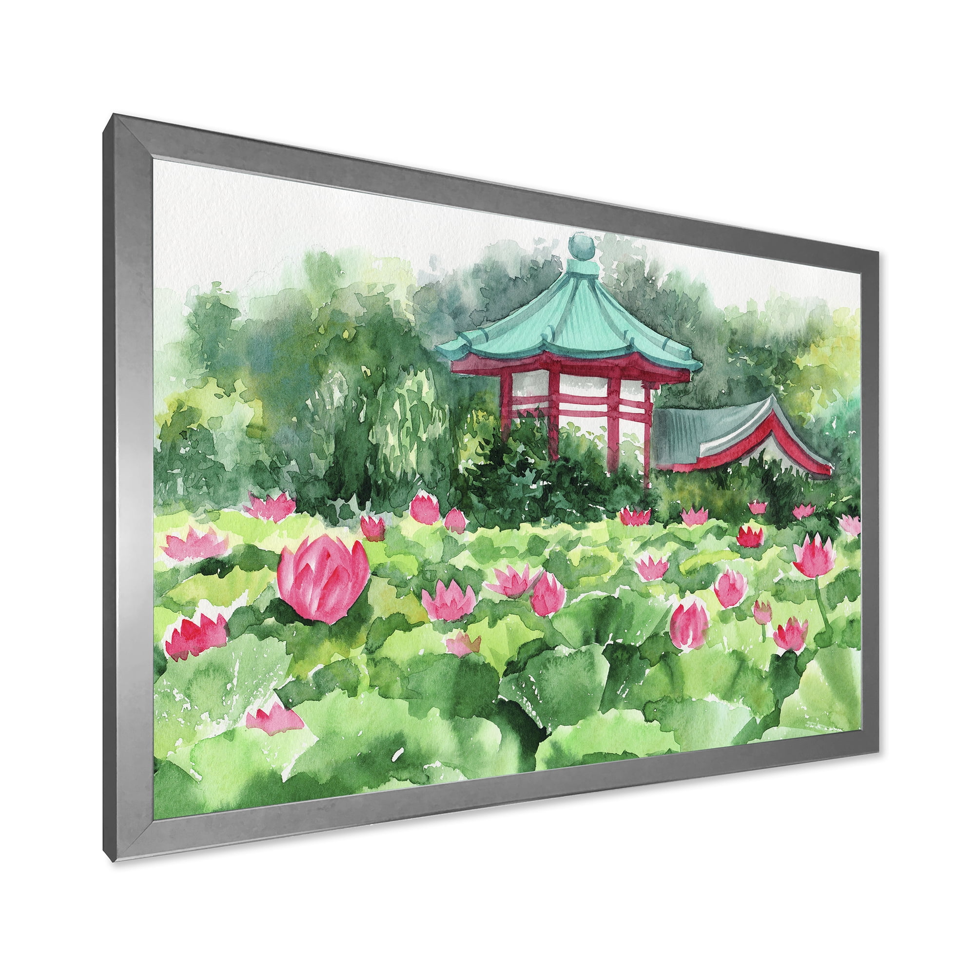 Designart 'Pagoda and Lotus Lake' Traditional Framed Art Print