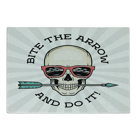 Skull Cutting Board, Hipster Skull with Punk Sunglasses and Arrow in Mouth Dead Vibes in Retro Graphic, Decorative Tempered Glass Cutting and Serving Board, in 3 Sizes, by Ambesonne