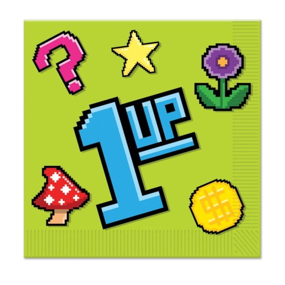 Club Pack of 192 Green and Blue "1 UP" Disposable Luncheon Party Napkins 6.5"
