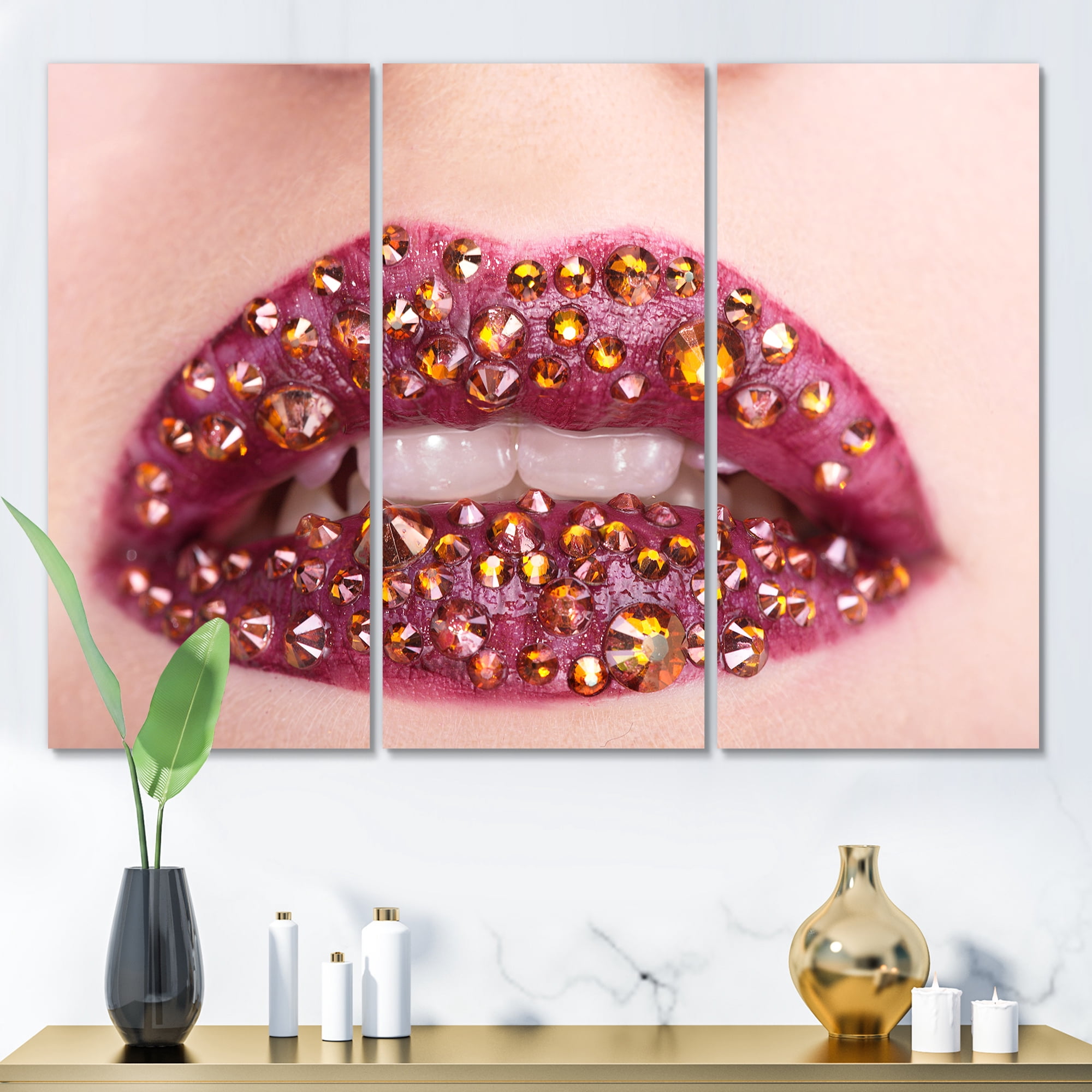 Designart ' Close-Up Of Girl Lips With Sequins ' Modern Canvas Wall Art Print