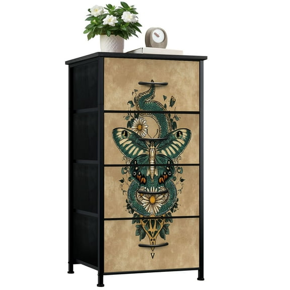 Boho Dresser for Bedroom with 4 Storage Drawers Blue Butterfly Boho Floral Botanical Moon Phase Aesthetic Teal Snake Dressers Chest of Drawers Steel Framed Fabric Closet Organizers for Entryway
