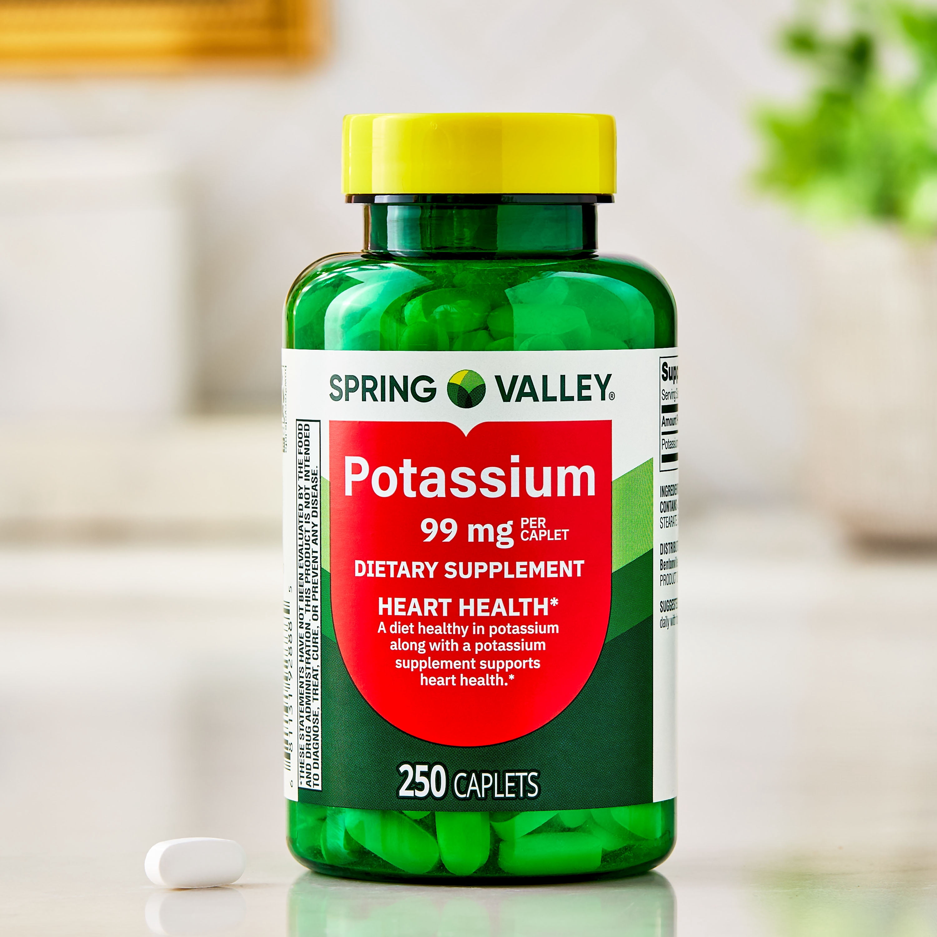 Spring Valley Potassium Heart Health Dietary Supplement Caplets, 99 mg, 250 Count
