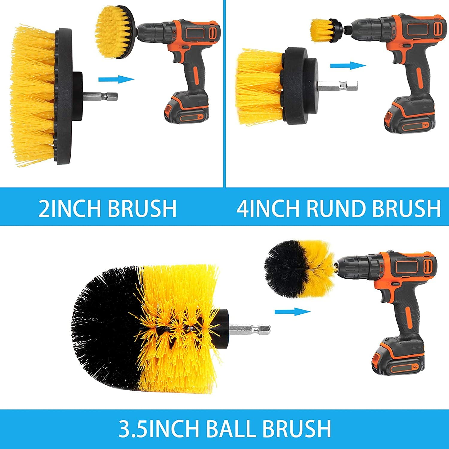 HIWARE Drill Brush Attachment Set, Yellow, Plastic Handle, 3 Sized Brush  Heads for Cleaning Bathtub, Shower, Floor, Carpet, Kitchen, Bathroom, and