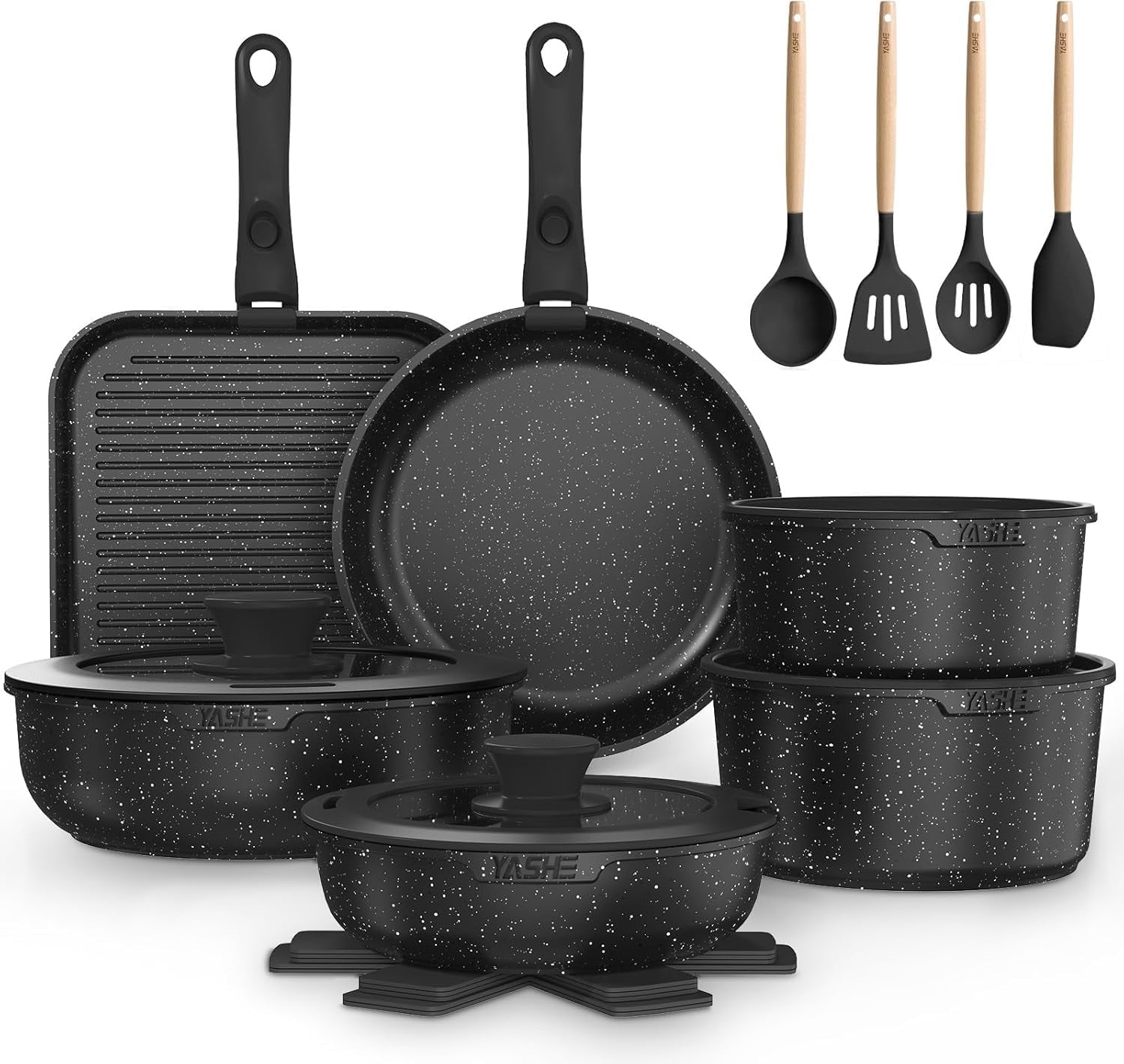 YASHE 21 Pcs Nonstick Cookware Set with Detachable Handle, Stackable Pots and Pans Set, Induction Compatible, Oven Safe, Dishwasher Safe, Space-Saving Kitchen Cookware for Home & RV