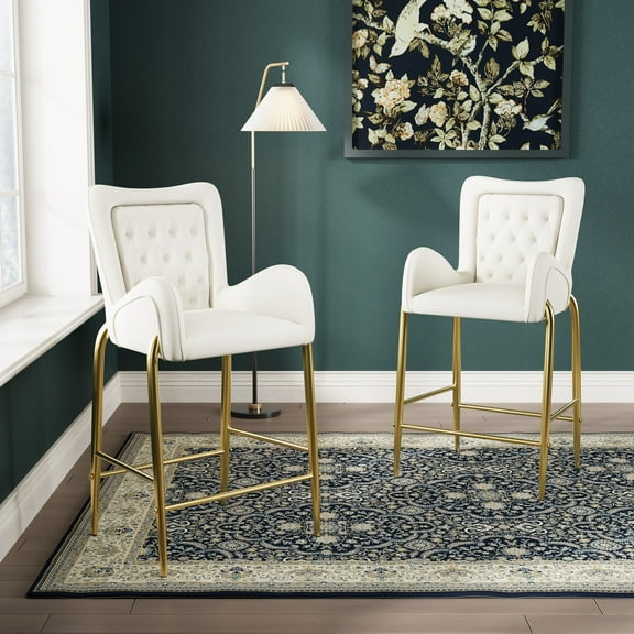 Velvet Counter Height Bar Stools with Golden Metal Frame & Tufted Back, White, Set of 2
