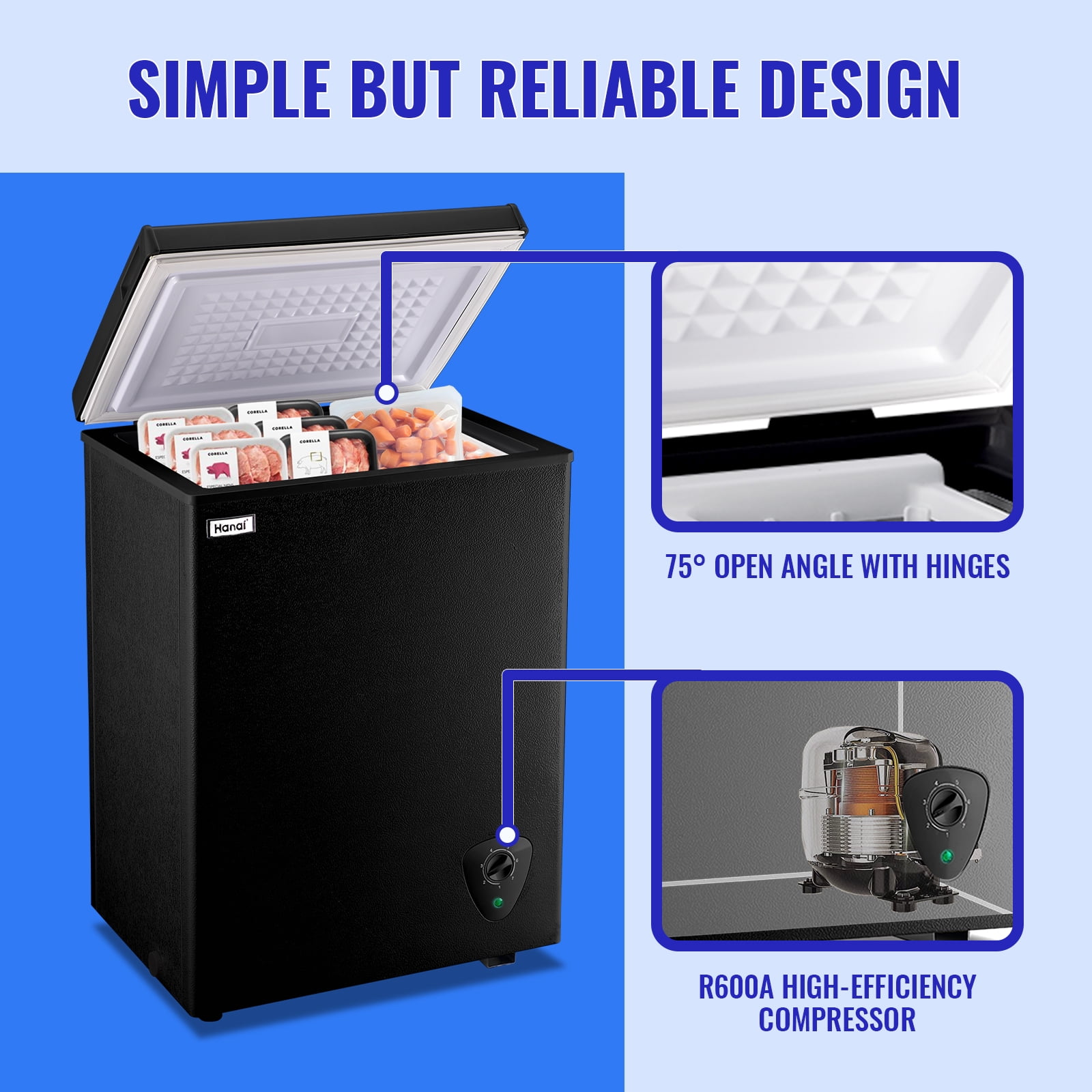 WANAI 3.4 Cubic Feet Chest Freezer Black deep Freezer with Adjustable Temp Knob Ideal for Any Room