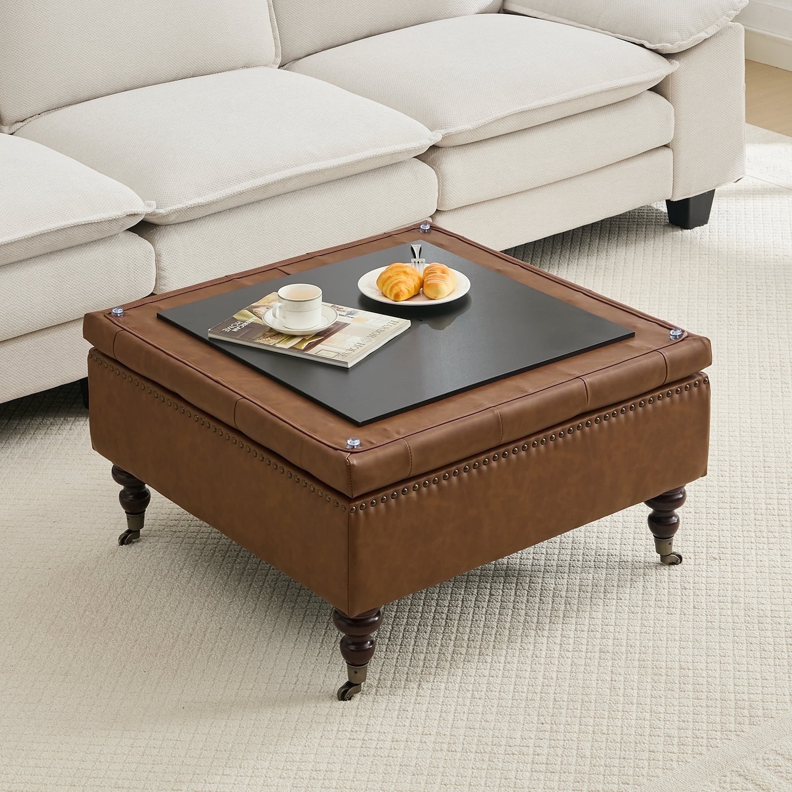 BRILHAMEZ Storage Ottoman Bench, Tufted Upholstered Seat with Hidden Storage, Multi-Functional Coffee Table and Foot Rest for Living Room, Brown