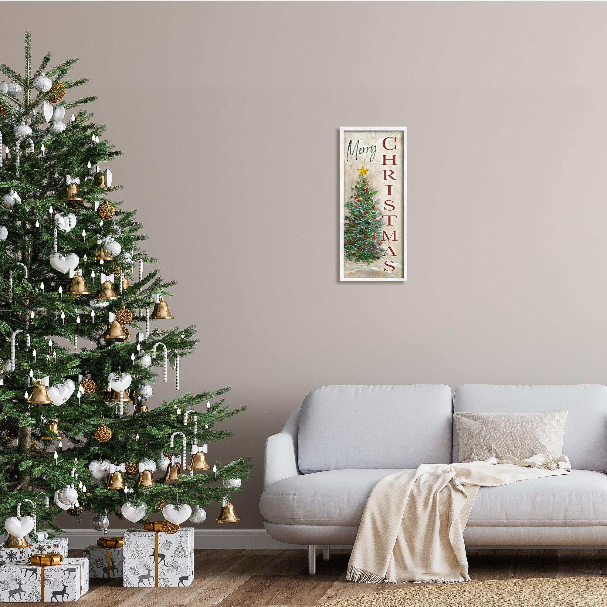 Stupell Industries Merry Christmas Greeting Festive Rustic Holiday Tree, 10 x 24, Design by Sally Swatland