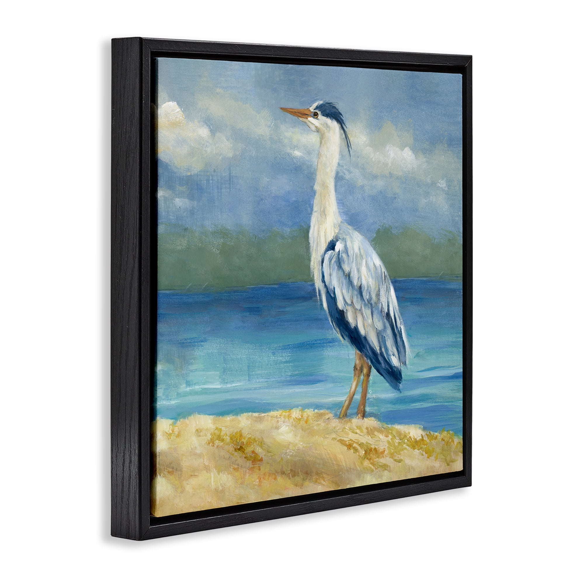 Stupell Industries Heron on Cloudy Beach Nautical & Beach Painting Black Floater Framed Canvas Art Print Wall Art, 18 x 18