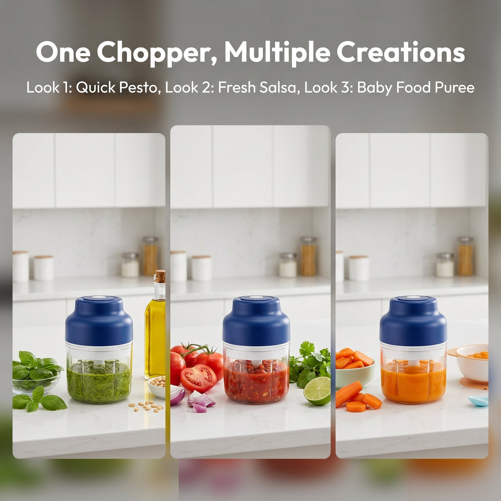 Cordless Mini Electric Garlic Chopper, 250ml Portable Food Processor & Meat Grinder, USB Rechargeable Vegetable Mincer with 3 Sharp Blades for Meal Prep, Baby Food & Seasoning, Alpine White