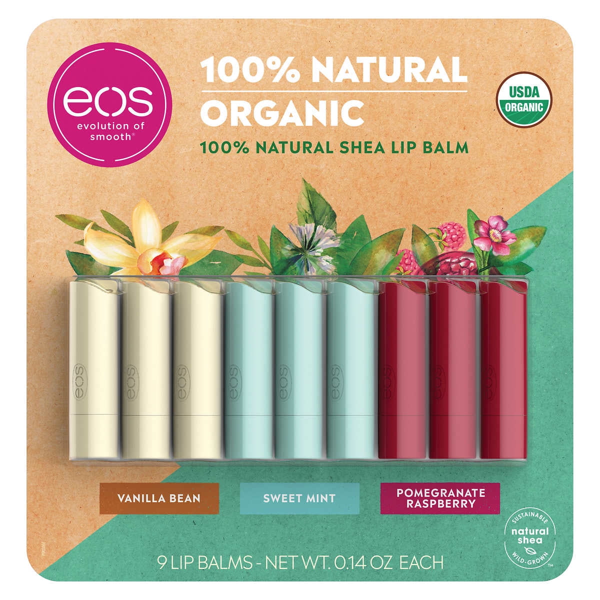 eos 100% Natural & Organic Lip Balm Stick - Vanilla Bean, Mint and Pomegranate Raspberry | 0.14 oz | 9 count. - Walmart.com