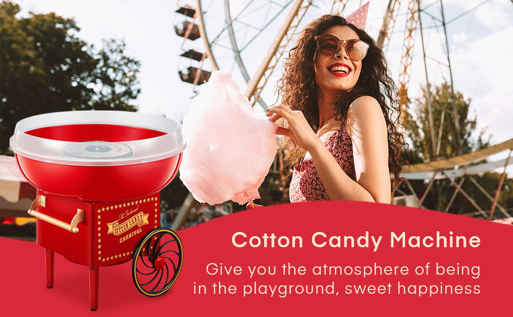 Cotton Candy Machine, Cotton Candy Maker for Kids with Candy Spoon and 10 Candy Sticks, Christmas Red, FOHERE