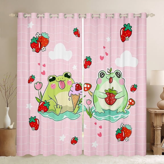 Feelyou Kawaii Green Frog Black Out Curtains for Kids, Cartoon Strawberry Fruit Curtains Pack of 2 (42x63 Each), Girly Pink Buffalo Bedroom Curtains, Blackout Curtains Room Decor