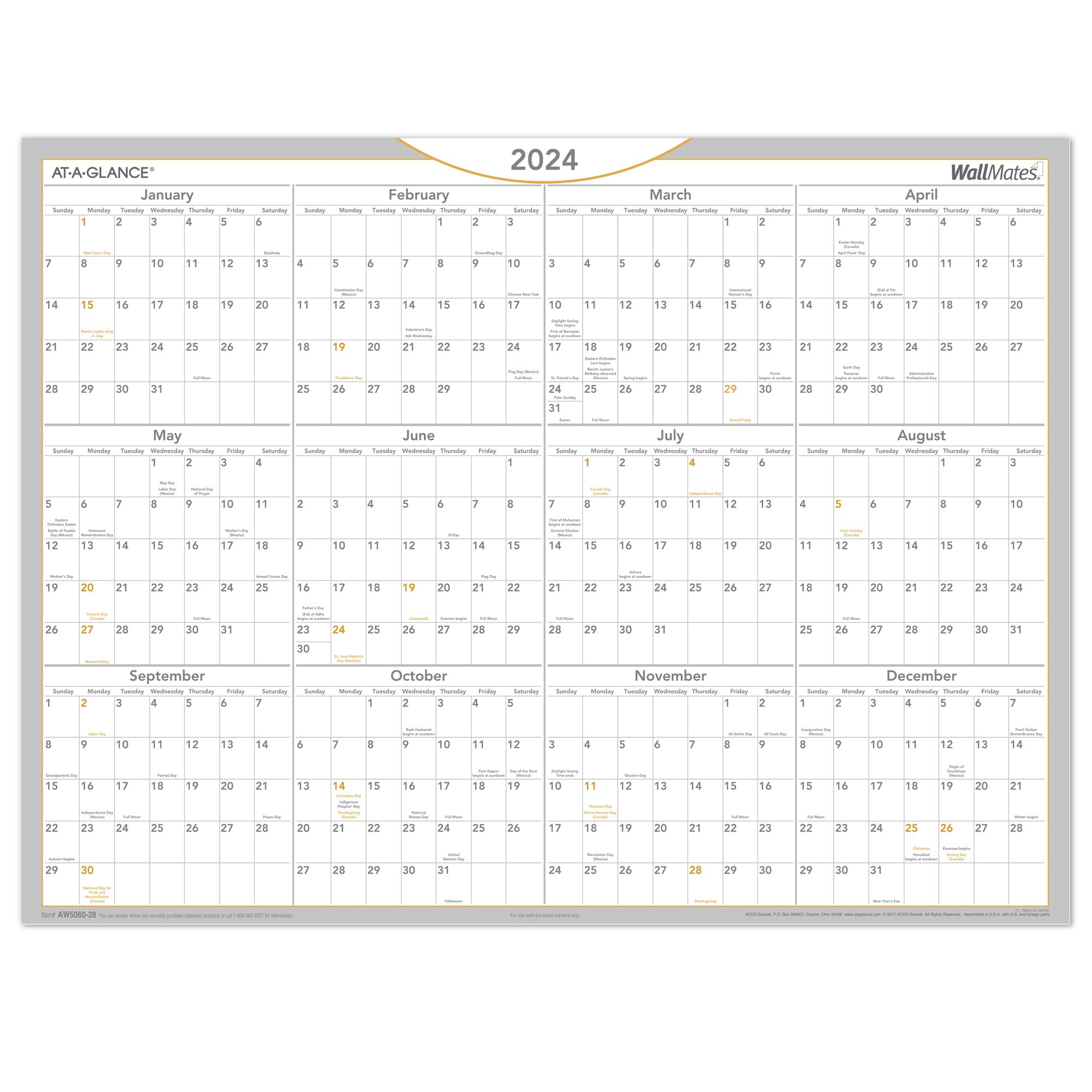 ATAGLANCE 2024 WallMates SelfAdhesive DryErase Yearly Calendar