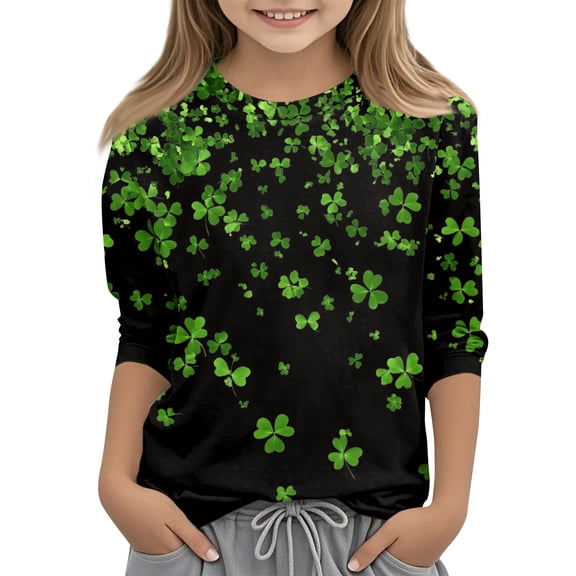 Kids St Patricks Day Shirts Boys Girls 3/4 Sleeve Shamrock Clover Shirts Cute Irish Graphic Tops Casual Summer Loose Fit Clothes,Black 4-5 Years