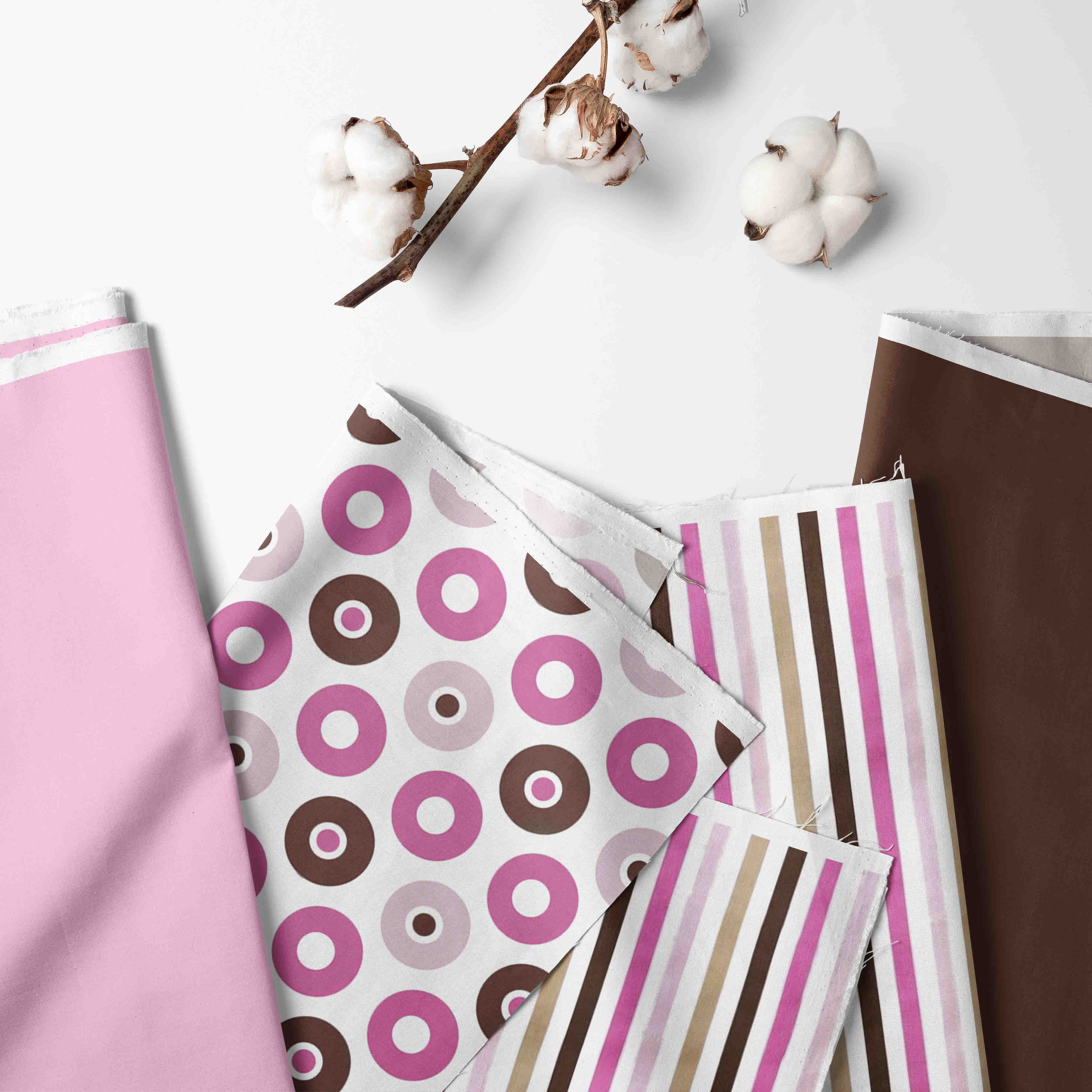 Bacati - Girls 4 pc Toddler Bedding/3 pc Sheet Set 100% Cotton Percale, Mod Dots/Stripes, Pink/Fuchsia/Beige/Brown