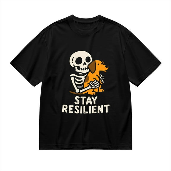 Black T Shirts for Men, Cartoon Skeleton And Dog Stay Resilient, Graphic Mens Graphic Tees, 24936547,S