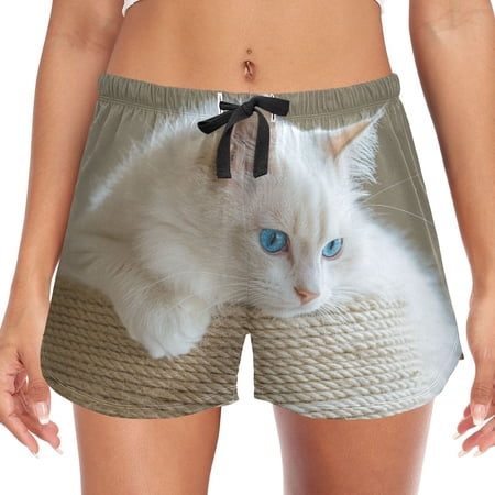 Women's Soft Sleep Shorts Relaxed Fit Lounge Pajama Bottoms Shorts for Women Pajama for Home and Comfort White Cat with Blue Eyes